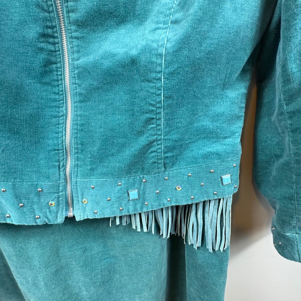 Vintage Teal Corduroy Western Fringe Skirt Set Embroidered Cowgirl 8/12 - Picture 4 of 16